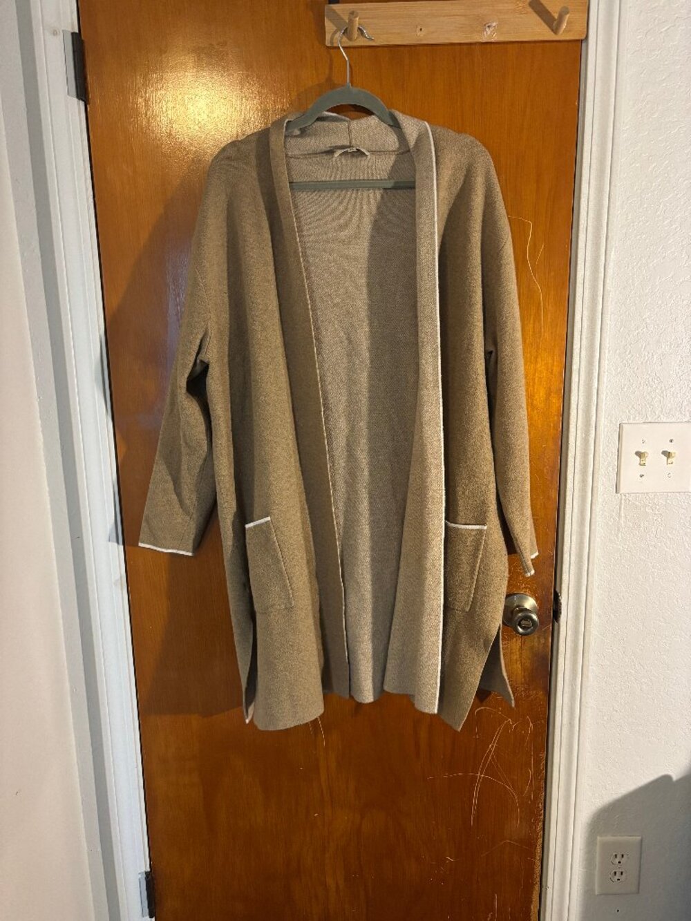 Les Serein Beige Tan Longline Open Front Knit Cardigan Sweater 2X